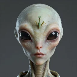 first contact alien facial portrait, mantis, insect, sci - fi, retro - futuristic, high details, by vincent di fate, artgerm julie bell beeple, 9 0 s, smooth gradients, volumetric lightning, light from below, high contrast, duo tone, depth of field