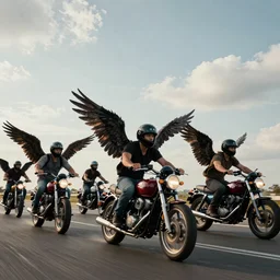 A lot of men with wings riding  motorcycles in sky