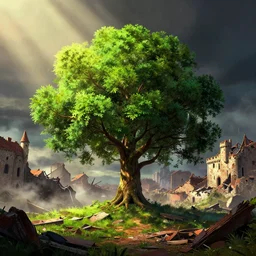 a beautiful artwork illustration, a single lush tree in a destroyed medieval city, volumetric fog, godrays, high contrast, high contrast, high contrast, vibrant colors, vivid colors, high saturation, by Greg Rutkowski and Jesper Ejsing and Raymond Swanland, featured on artstation, wide angle, vertical orientation