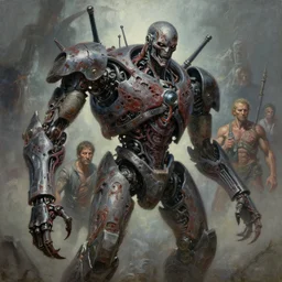 oil painting of blade necrotized machine, by jack kirby, ditko, alberto bontempi, shigeru komatsuzaki, wayne d barlowe, alex ross, enric torres, simon bisley & boris vallejo, hyper realism, cinematical, narrative light, muted colors, epic, hyper detailed, awe inspiring, award winning horror,