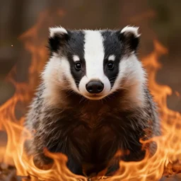 smiling badger looking at camera, wreathed in flames, Canon 50mm f/1.2, photorealistic