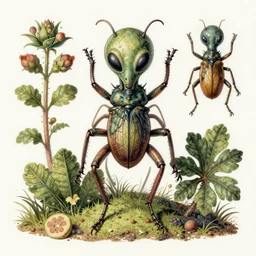 alien insectoid plant vintage botanical illustration style