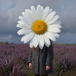 portrait, enormous daisy flower head, a girl wearing a coat in heather field, surreal photography, wind and cold, dramatic sky, impressionist painting, digital painting, artstation, simon stalenhag