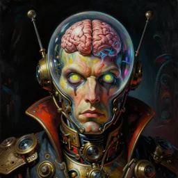 neoclassicist close - up sci - fi portrait of a colorful steampunk overlord admiral with big glowing eyes gazing intensely with a brain in a bubble. dark black ominous background, glowing atmosphere. highly detailed science fiction horror painting by norman rockwell, frank frazetta, and syd mead. rich colors, high contrast, gloomy atmosphere. trending on artstation and behance.