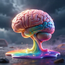 3 d render of a brain melting in to a rainbow puddle, a storm in the background, moody lighting, lens flare, atmosphere, glow, detailed, intricate, full of colour, cinematic lighting, trending on artstation, 4 k, hyperrealistic, focused, extreme details, unreal engine 5, cinematic, masterpiece