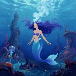 dreamy evil volcanic mermaid with flowing billowing hydrothermal smoke for hair, underwater seascape wonderland, matte painting from Fantasia (1940)