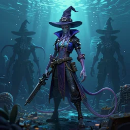 character sheet for a cyberpunk vampire squid character in an fps video game, squid limbs, witch hat, underwater, 3 d, full body, clothed, detailed, concept art by blizzard entertainment