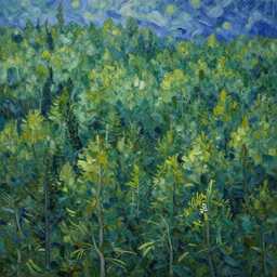a dense forest, with trees reaching as far as the eye can see, seen from a distance, digital painting, inspired by van gogh and kandinsky.