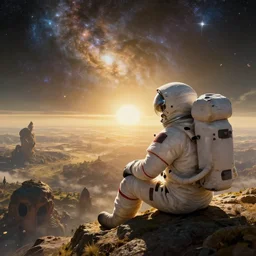 A astronaut sitting and gazing upon a amazing alien landscape and the universe, digital art, breathtaking, golden ratio, extremely detailed, establishing shot, hyperrealistic, cinematic lighting, particles, unreal engine, simon stålenhag, rendered by Beeple, Makoto Shinkai, syd meade, simon stålenhag, Ruan Jia, Kentaro Miura, environment concept, artstation, octane render, 8K UHD image