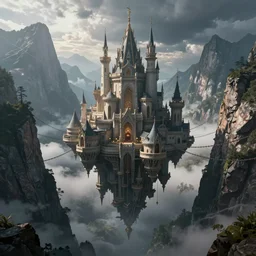 an immense floating castle, in the midst of high mountains, hanging by chains, inside a gorge, below only cloud dark void, 8 k resolution, artstation trends cosmic light, detailed octane render by simon bisley, beeple, justin gerard
