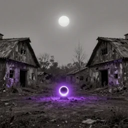 a abandoned square between two huge abandoned soviet barns, mysterious artifact on the squaer, solar eclipse, muted color, purple glow, mid shot, matte painting, by simon stalenhag and alena aenami