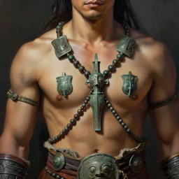 tai warlord, closeup portrait, historical, ethnic group, traditional costume, fantasy, intricate, with dong son bronze artifacts, beads cross onbare chest, elegant, loin cloth, highly detailed, oill painting, artstation, concept art, matte, sharp focus, illustration, hearthstone, art by earl norem