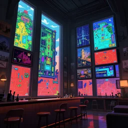 cozy room with very tall windows, bar, a lot of screens, many pictures on the walls, gameplay still frame, 4 colors, pixel art, futuristic, splash screen, level design, high contrast, background, deep focus, highly detailed, dramatic lighting, digital painting, artstation, concept art, matte, greg rutkowski, moebius.