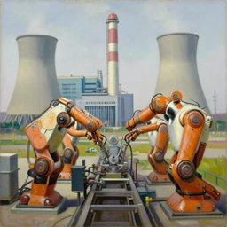 robots assembly line, turbine, power plant, art deco, pj crook, edward hopper, oil on canvas