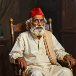 a painting of an old indian man with a red hat, beard, and glasses sitting on a rocking chair.