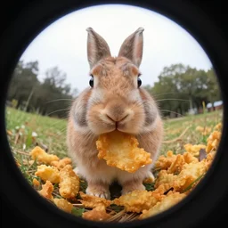 a fisheye lens view of a rabbit, deepfried meme filter,