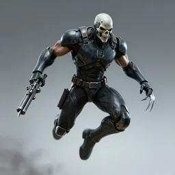 a muscular, athletic cyborg assassin in skin - tight futuristic armor, skull face, berserk, metal claws, futuristic gun, leaping, attacking, full body, frank frazetta