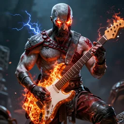 glowing eyes kratos shredding on a flaming stratocaster guitar, cinematic render, god of war 2 0 1 8, santa monica studio official media, flaming eyes, lightning.
