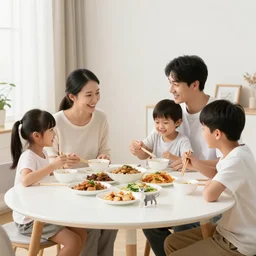 a young asian family sitting at dining room, the table is full of food, animal figurine placing around family, garden behind the glasses, colorful sky daylight, the sky is on fire. by eric carle