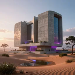 render of huge futuristic concrete building by le corbusier, puddles of water, trees and bushes, dune style, neon glow, vivid color, moody lighting, unreal engine, bright sunrise, epic skies, foggy