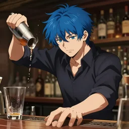 anime portrait of a bartender guy with messy blue hair mixing drinks, trending on artstation, dynamic pose perspective, moody, detailed facial features, sharp focus, cel shaded