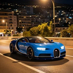 High quality DSLR photo of a blue convertible Bugatti Chiron driving in the streets of Monaco at night, warm lighting, long shadows, beams of sunlight