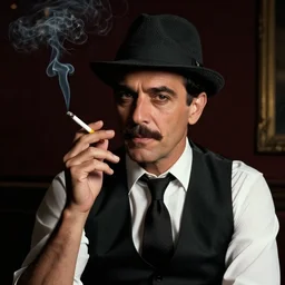 portrait of the devil smoking a cigarette in a dark room, nicely dressed, and wearing a bolero hat, by donato giancola.