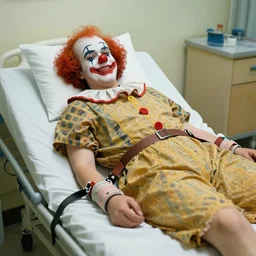 crazy clown lying in hospital bed with wrist restraints on, restraints straps attached to hospital bed siderails, greg rutkowski, photograph, 8 k