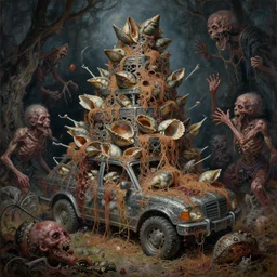 oil painting nightmare macerated epic tiered mollusks vehicles bound by metal noodle patina near discarded horrors and grotesques throwing, cinematic, fine art, ornate masterpiece, hyper detailed by shigaru komatsuzaki