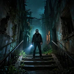 A misterious man wearing a gas mask is standing on the midle of a stair hallway looking in the direction of the camera, the man is using a turned on flashlight to look for survivors :: Ruined city with vegetation growing from the distroyed buildings :: apocalyptic, shadowy, disolate :: A long shot, low angle, dramatic backlighting, simetric photography, night time, slighty colorful with blue, green and orange :: cinematic shot, very detailed
