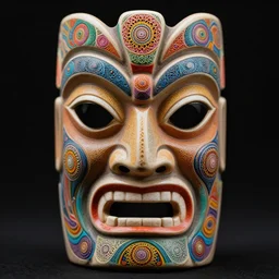 symmetrical tiki mask with eyes and mouth, shaman, colorful, psychedelic trip, patterns, fine mandelbrot fractal lace, 1 5 0 mm, soft rim light, elegant, hyper real, depth of field, sharp focus, ultra detailed, octane render, hg giger, 1 6 k, black background