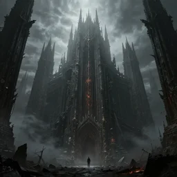 grimdark chaos fortress, ruined, terrifying architecture, looming, dark, fog, dark souls, hyperrealistic, artstation