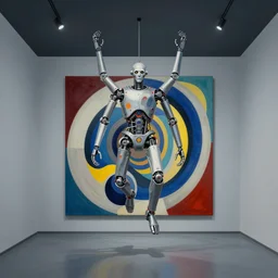 a mechanical god hangs from the ceiling in a cold and empty room, a highly detailed moebius painting, by adrian ghenie and gerhard richter. art by james gurney. masterpiece, colorful flat surreal design, deep colours.