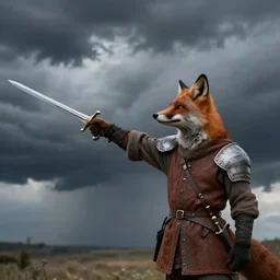 anthropomorphic fox who is a medieval knight pointing a sword towards a stormy thundercloud 1 9 3 0 s film still, ladislas starevich