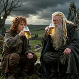frodo ( [ [ elijah wood ] ] ) and galadriel ( [ [ cate blanchett ] ] ) and gandalf ( [ [ ian mckellen ] ] ) are drinking beer in the new lord of the rings movie