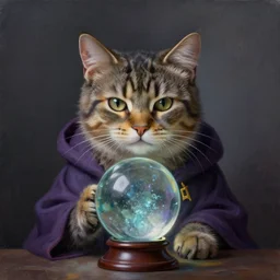 a portrait of a wizard cat with a crystal ball, realistic painting, high definition, digital art, matte painting, very detailed, realistic