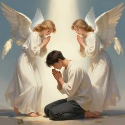 angels protecting a praying man, by  JeeHyung lee, Trending on artstation, deviantart