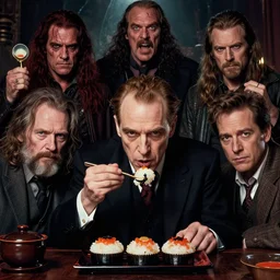 highly detailed portrait of h p lovecraft eating shushi by greg rutkowski, mike mignola, tom bagshaw artgerm and ross tran, beautiful dramatic dark moody lighting, cinematic atmosphere, glossy magazine painting, global illumination, deep color, 8 k resolution, high details, flickr, dslr, artstation