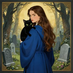 elegant concept art illustration of a young beautiful wizard with long brown hair and a black cat over her shoulders. blue robes. sharp focus. by greg rutkowski and alphonse mucha, surrounded by graveyards