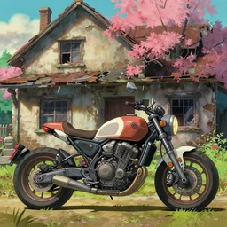 retro futuristic science fiction motorcycle parked in front of a dilapidated old house, medium shot, studio Ghibli, Pixar and Disney animation, sharp, very detailed, high resolution, Rendered in Unreal Engine 5, anime key art by Greg Rutkowski, Bloom, dramatic lighting, colorful