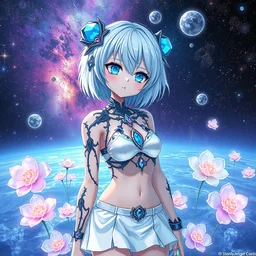 rei ayanami, broken android kannon mindar, deep space, seascape, cosmos, psychedelic flowers, black opal, rainbow aura quartz, organic, oni compound artwork, of character, render, artstation, portrait, wizard, beeple, art, fantasy, epcot, psychedelic glitchcore, sky blue eyes, bikini, white miniskirt, anime girl, by stanley artger