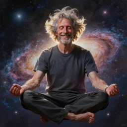 alan watts grinning meditating floating hair cinematic in galaxy universe realistic dramatic backlit stylized soft airbrush painting highly detailed, subsurface scattering, 3d render senior artist, photorealistic, textured, featured on artstation