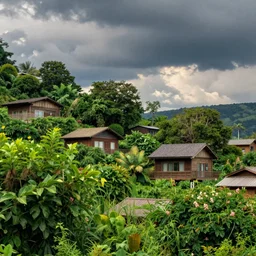 stunning vista of lush foliage and wooden homes under dramatic sky, by studio ghibli, sharp focus vfx key shot