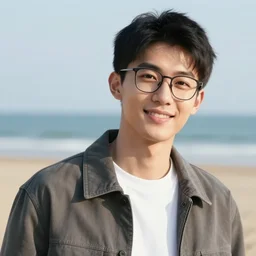 a young male model, smiling with glasses staring at the camera in a casual jacket, beach background, professional portrait photography