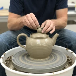 johnny vegas making a huge teapot out of wet clay, on a pottery wheel, art school, studio, wet clay, Michael Joseph Pennington, photorealistic
