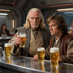 star wars palpatine and obi wan drin beer in a sci - fi bar, movie still, screenshot, photorealistic painting, fanart, highly detailed