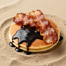 a pancake made out of sand with blackish syrup and rubber bacon high resolution photo