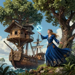a sorceress casting a ice ball, a treehouse made out of a derelict pirate ship, the treetops of giant oaks, detailed illustration, digital art, overdetailed art, concept art, highly saturated colors, detailed illustration, hd, 4 k, digital art, cgsociety and beeple highly detailed, cinematic lighting, illustration, art, very coherent. high detail, dan mumford, greg, rutkowski, trending on artstation