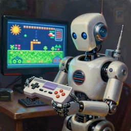 an elaborate robot holding a retro game controller in its hand, on screen retro video game shown in background, intricate details, hyperrealistic oil painting on canvas, deep depth field, hd, hdr, 4 k, 8 k,