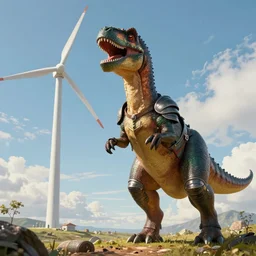 portrait of a an anthropomorphic dinosaur in armor attacking a wind turbine, digital art, highly detailed, stunning scene, realism, bright colors, trending on artstation, masterpiece, by rembrandt and carel fabritius